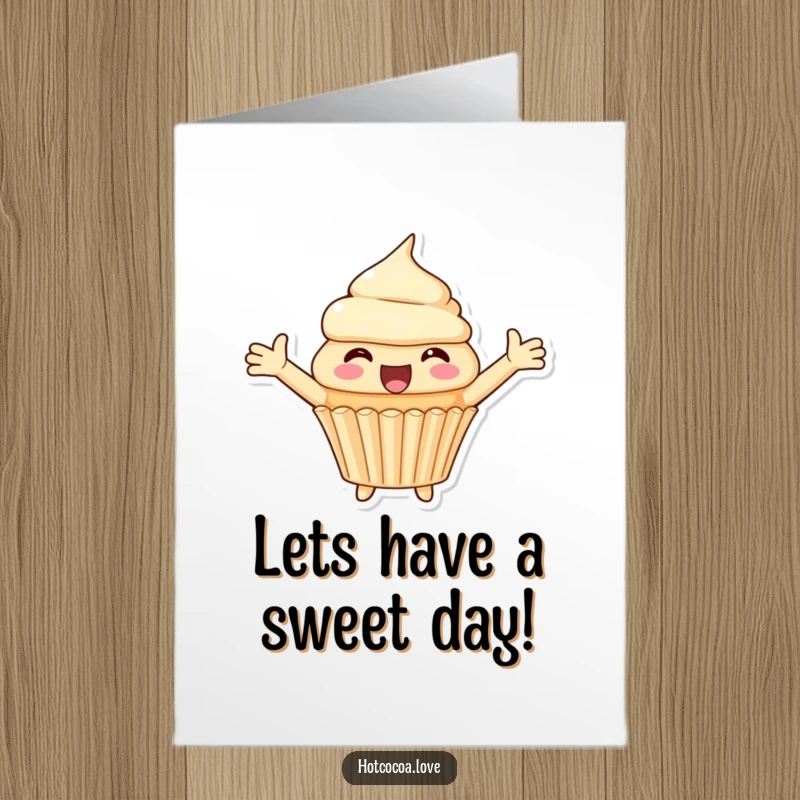Funny Free Printable Birthday Card: A cupcake character with arms spread wide in delight, expressing pure joy for a birthday, downloadable card.