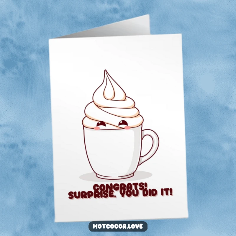 Funny Free Printable Congrats Card: A mischievous whip cream character hides behind a mug, offering a playful congratulations.