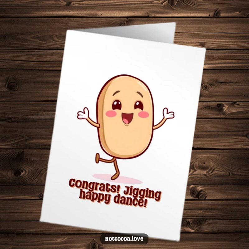 Funny Free Printable Congrats Card: A gleeful coffee bean character performs a happy jig, celebrating a fantastic accomplishment with enthusiasm.