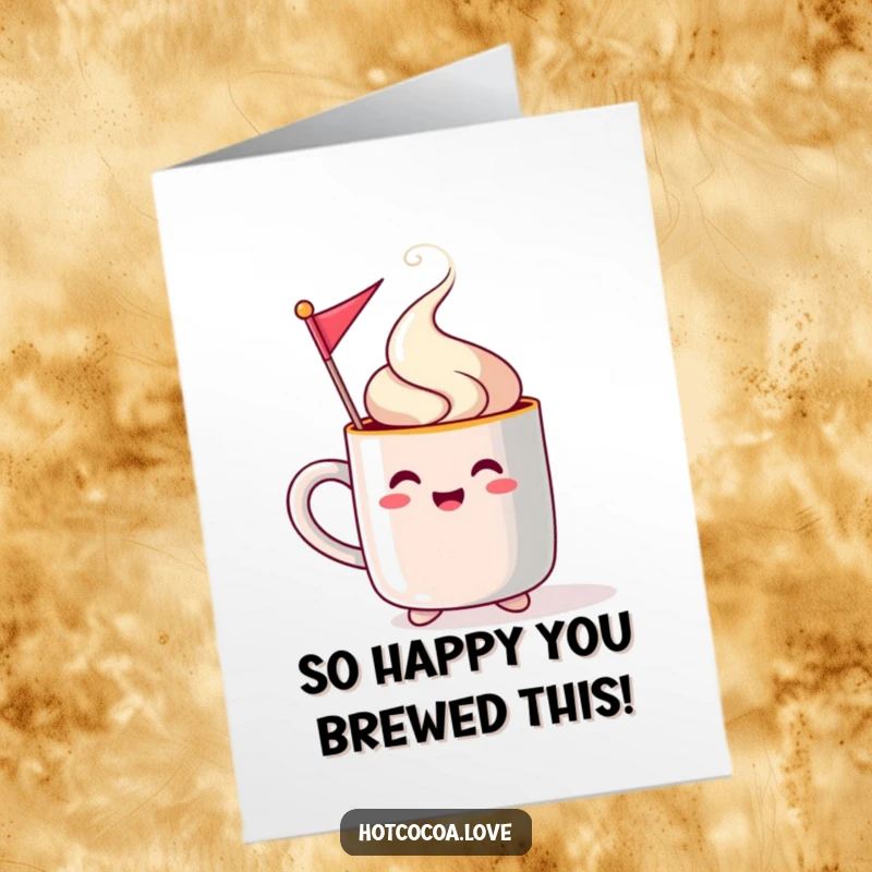 Funny Free Printable Congrats Card: a steaming mug character waves a flag to celebrate an achievement.