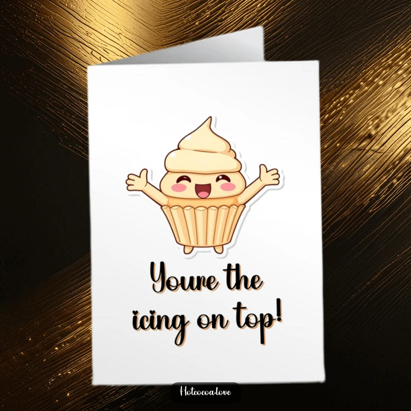 Funny Free Printable Congratulations Card: A cupcake character with arms spread wide, showing immense delight and celebration, a perfect downloadable greeting.