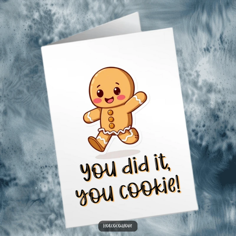 Funny Free Printable Congratulations Card: A gingerbread cookie character happily skipping, embodying pure joy and celebration, a delightful downloadable greeting.
