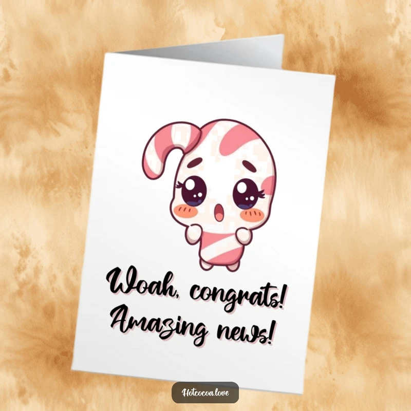Funny Free Printable Congrats Card: A surprised candy cane character performs a comical double take, celebrating good news with wide eyes.