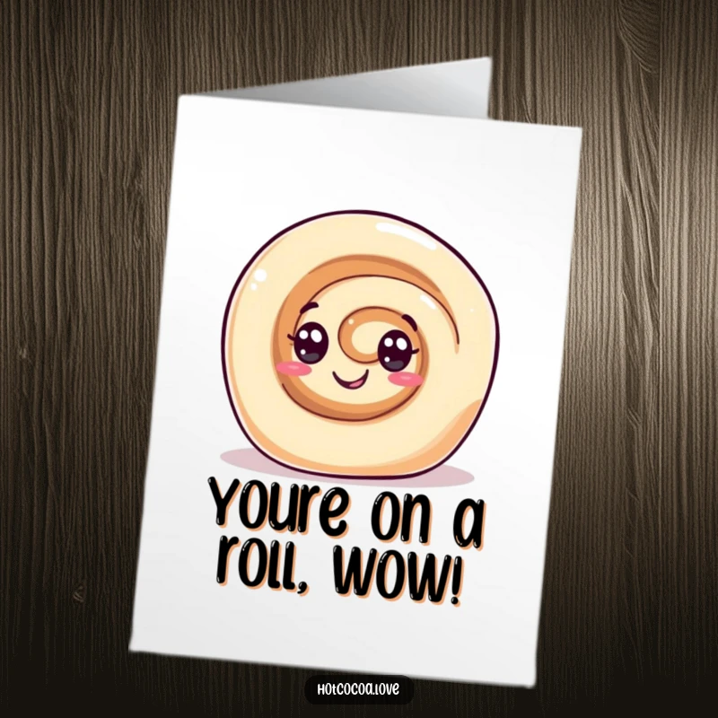 Funny Free Printable Congratulations Card: Cinnamon roll character with swirl eyes rolling gleefully to celebrate success.