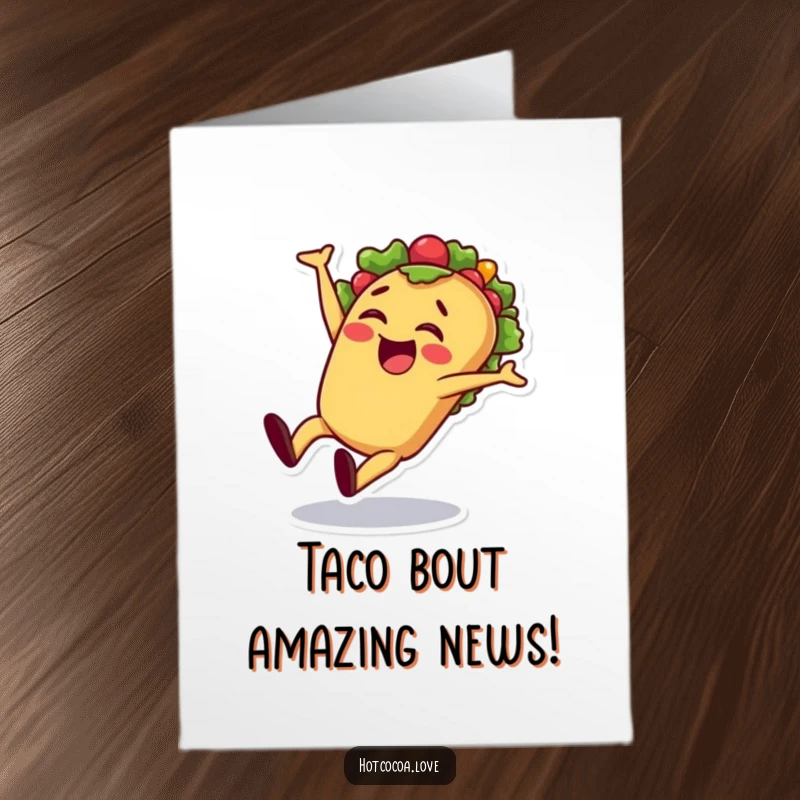Funny Free Printable Congratulations Card: Cheerful taco character doing a cartwheel, celebrating success, festive fun, downloadable.