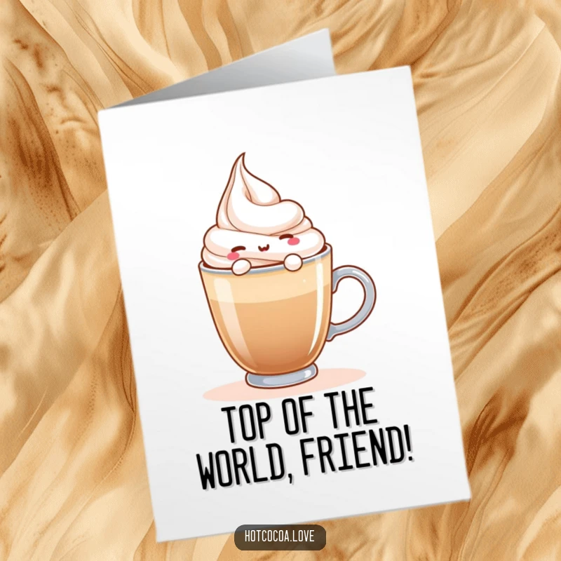 Funny Free Printable Congratulations Card showing a contented whipped cream character floating peacefully on a hot beverage, celebrating with calm delight.