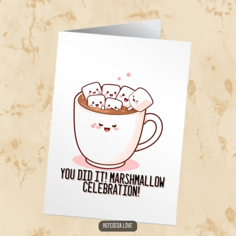 Funny Free Printable Congrats Card with a hot chocolate mug and marshmallow friends dancing a conga line, celebrating success with humor.
