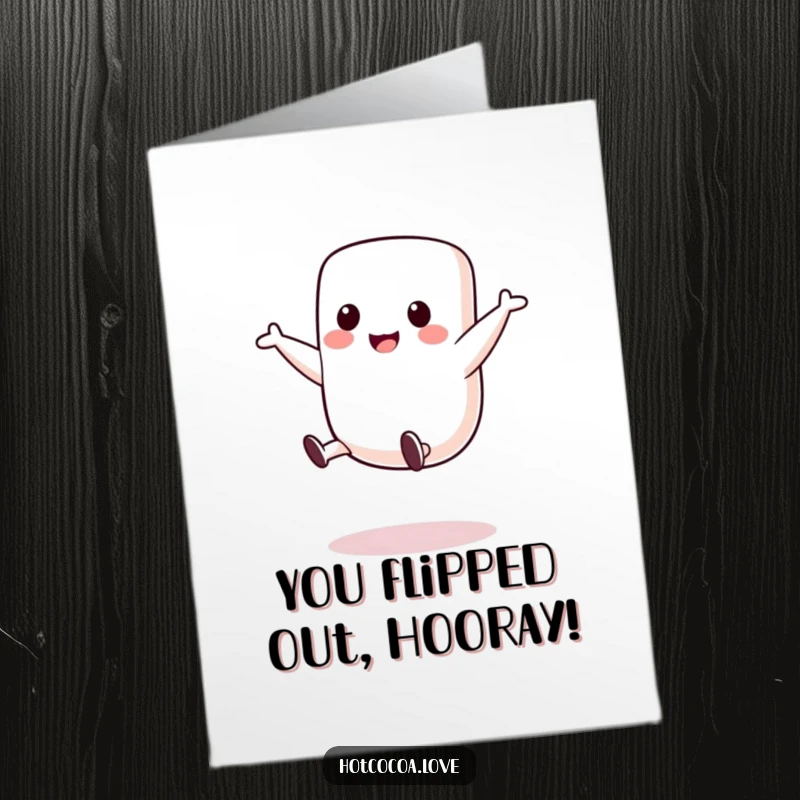 Funny Free Printable Congratulations Card: A cute marshmallow character doing a cartwheel with pure joy, celebrating achievements with a downloadable, fun design.