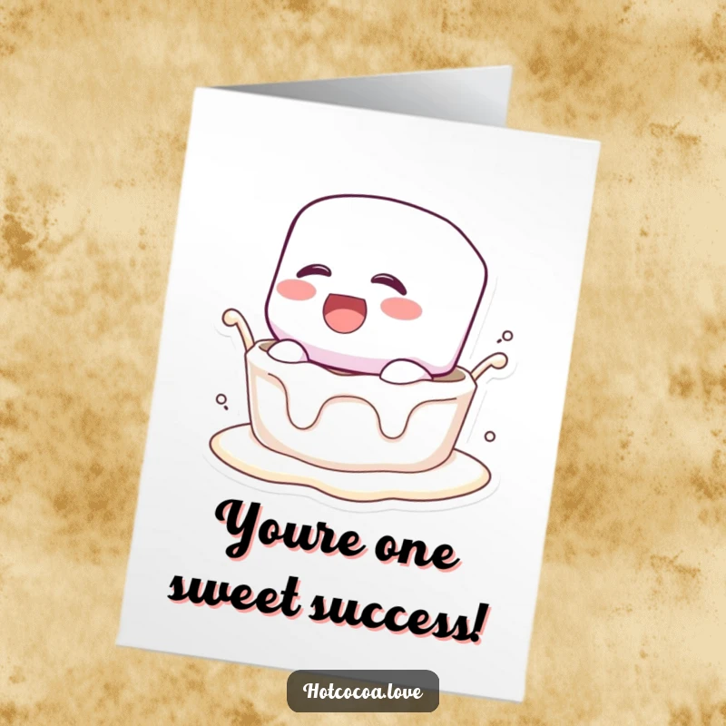 Funny Free Printable Congratulations Card showing a marshmallow character laughing heartily while submerged in creamy liquid, celebrating great news.