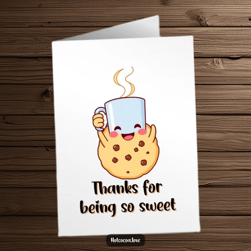 Free Printable Thank You Card: A smiling cookie character holds a steaming mug, offering warm and sincere thanks.