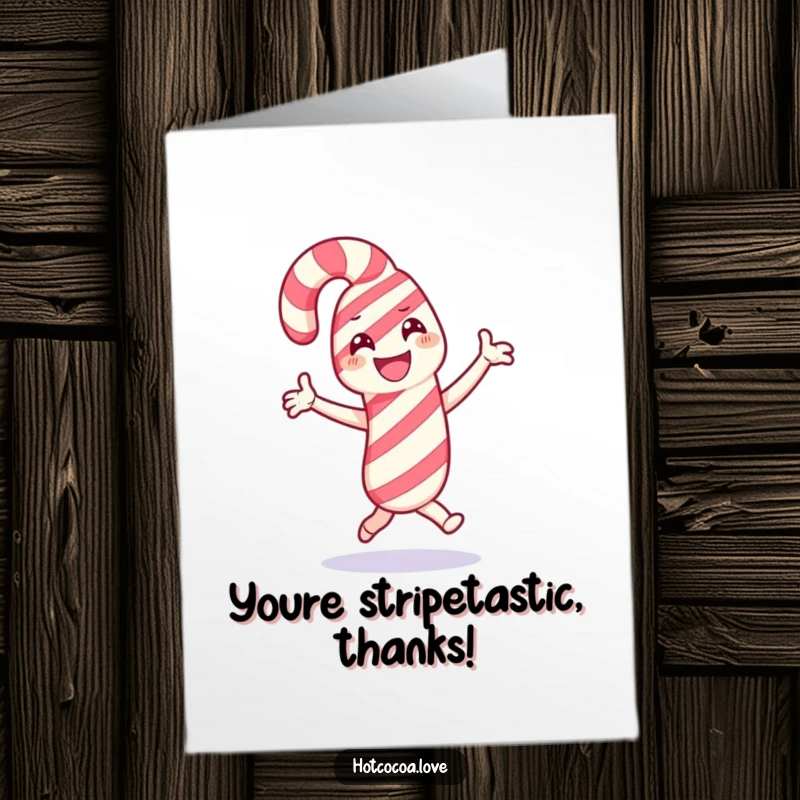 Funny Free Printable Thank You Card: A smiling candy cane character doing a delightful dance, perfect for conveying thanks with a downloadable, festive message.