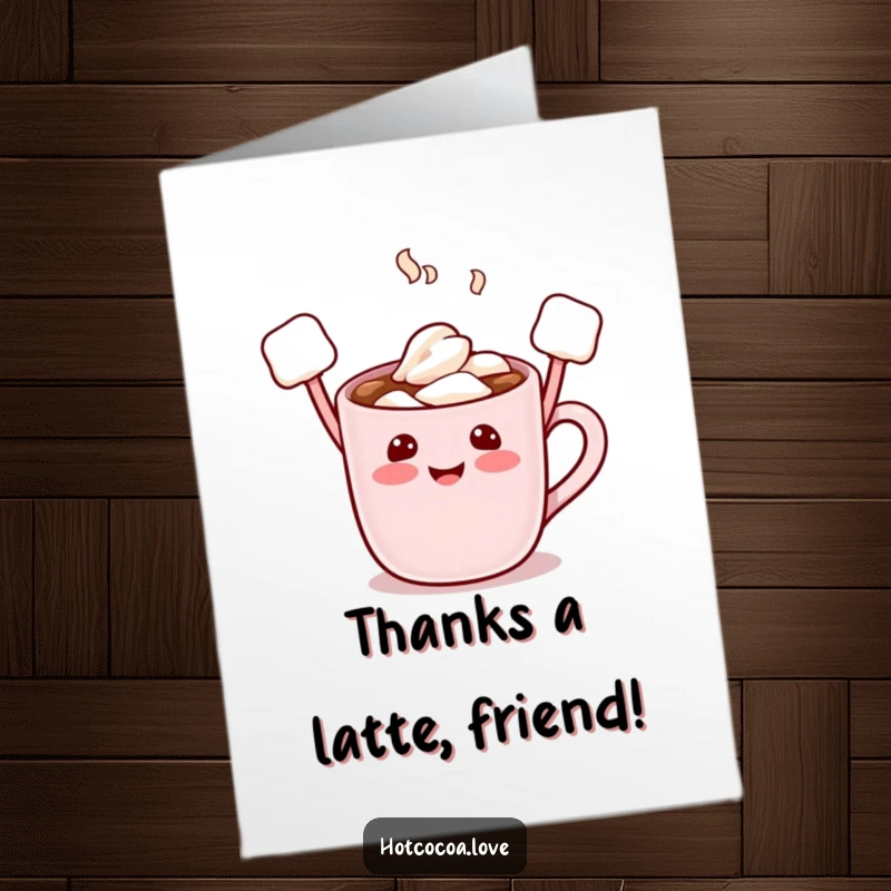 Funny Free Printable Thank You Card: A smiling hot cocoa mug with marshmallow arms extended, expressing heartfelt thanks, easy to print at home.