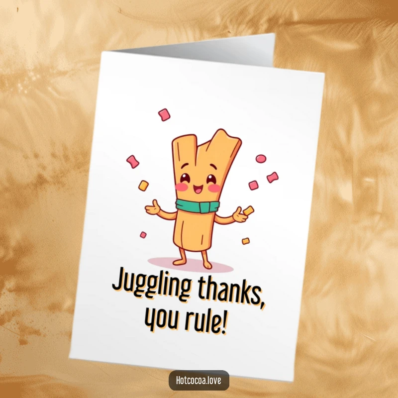 Funny Free Printable Thank You Card: A happy cinnamon stick character juggles candy pieces, offering a sweet and funny thank you.
