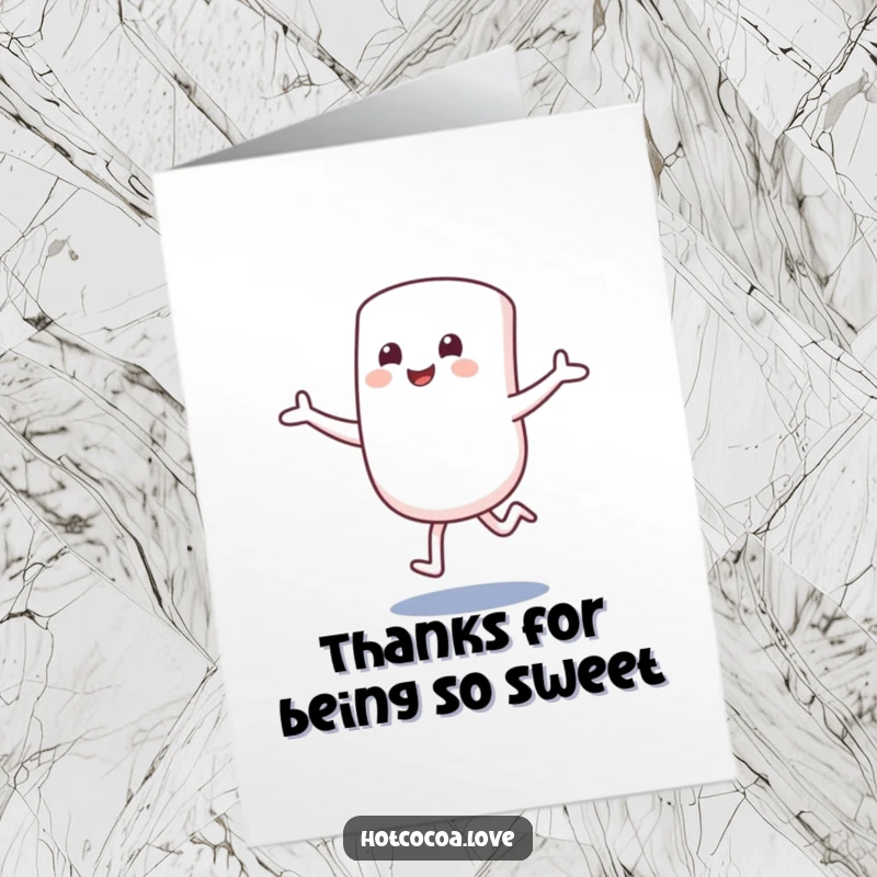Funny Free Printable Thank You Card: Marshmallow character hopping with excitement, arms open to give thanks.