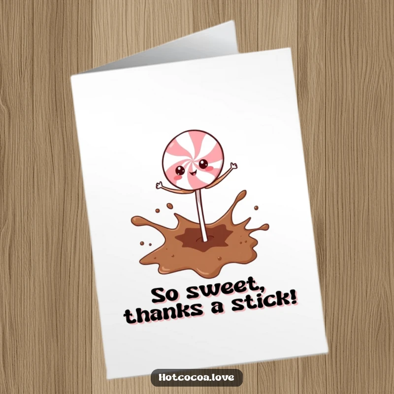 Funny Free Printable Thank You Card: Peppermint stick character joyfully balancing on a cocoa splash.