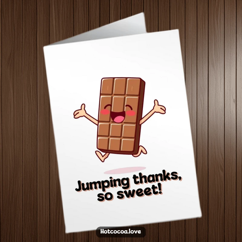 Funny Free Printable Thank You Card: A jolly chocolate bar character jumps for joy, conveying a sweet and funny thank you.