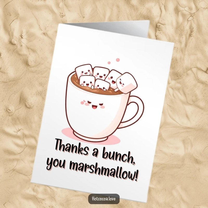 Funny Free Printable Thank You Card showing a hot chocolate mug with marshmallow friends doing a conga line, expressing thanks with cheer.