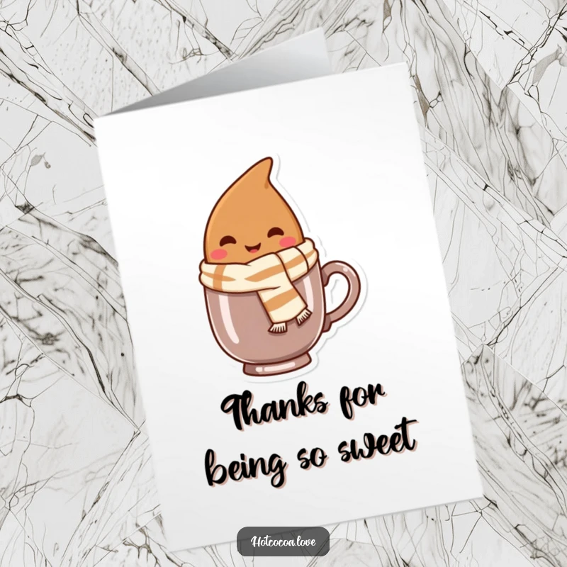 Funny Free Printable Thank You Card: Smiling cocoa bean with scarf peeking from mug, expressing thanks.