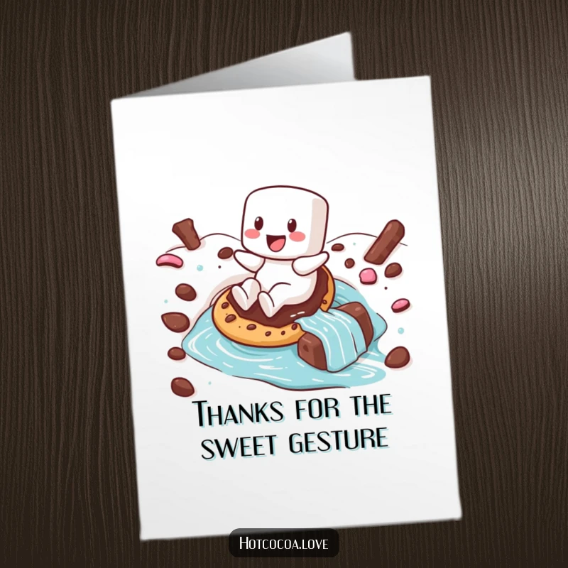 Funny Free Printable Thank You Card: Happy marshmallow sliding on cookie down hot chocolate, saying thanks.