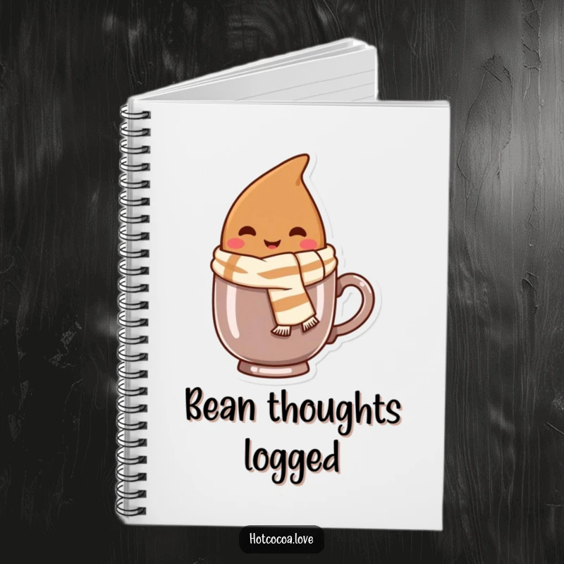Funny notebook with a smiling cocoa bean character wearing a tiny scarf, peeking from a mug, perfect for notes.