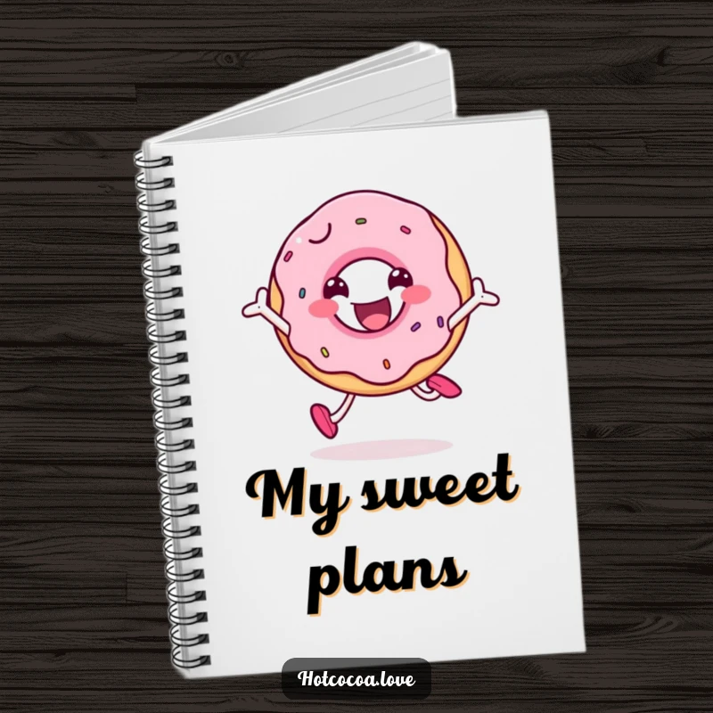 Funny smiling doughnut character jumping with joy, a cheerful and practical notebook for all your notes.