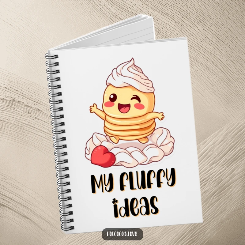 Funny notebook with a giggling stack of pancakes character joyfully leaping through whipped cream, perfect for capturing creative ideas.