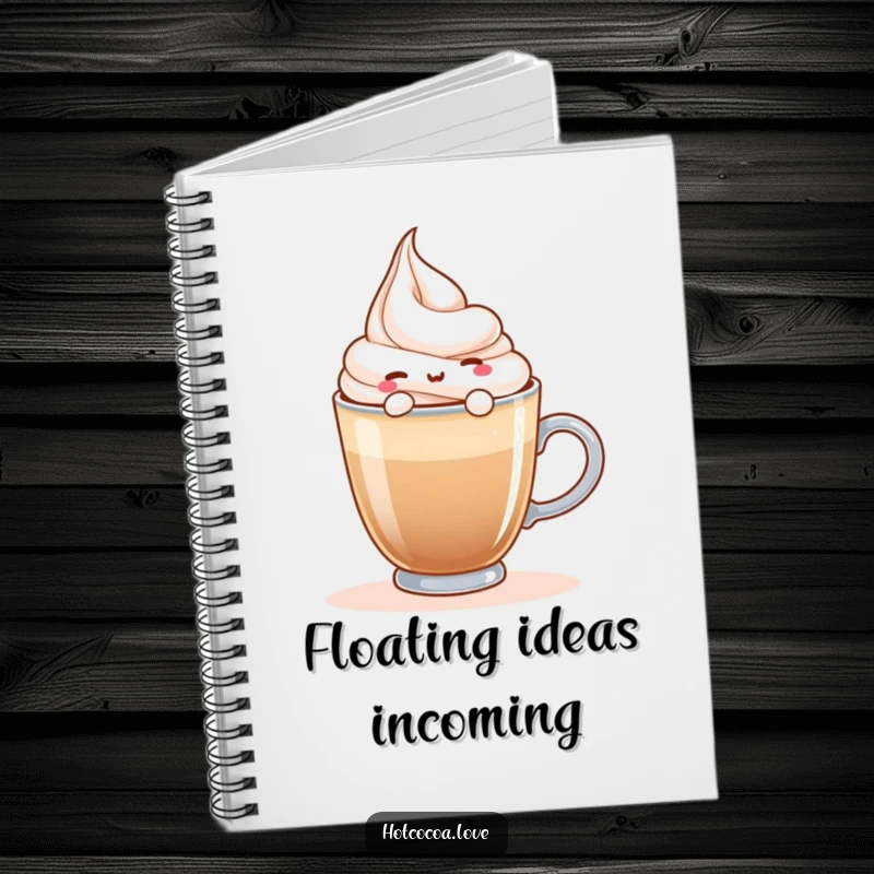 Funny notebook featuring a happy whipped cream character floating on a hot beverage, ideal for writing cozy thoughts.