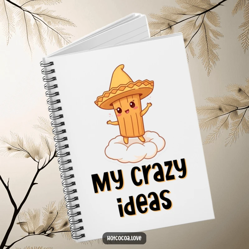 Funny notebook cover with a cinnamon stick in a sombrero dancing on whipped cream, inspiring creative thoughts.