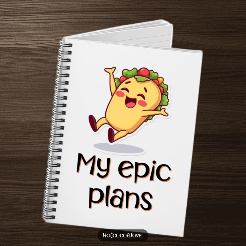 Funny taco cartwheel notebook featuring a cheerful taco character doing a cartwheel, perfect for jotting down fiesta-inspired ideas.