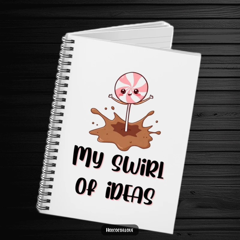 Funny Peppermint Stick character balancing on a cocoa splash, humorous and practical notebook for notes.