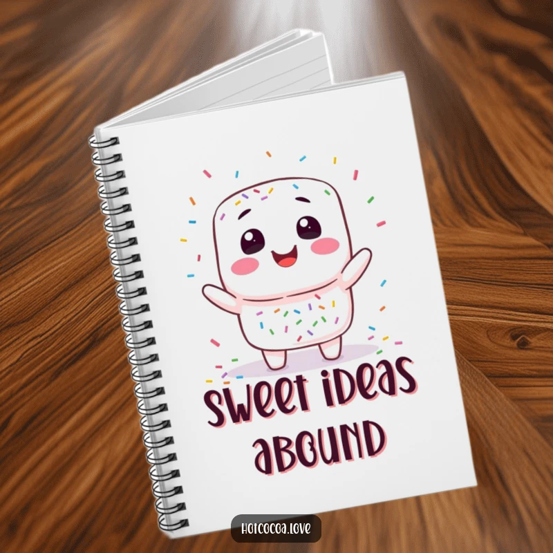 Funny marshmallow juggling notebook featuring a smiling marshmallow character playfully tossing colorful sprinkles, perfect for jotting down sweet ideas.