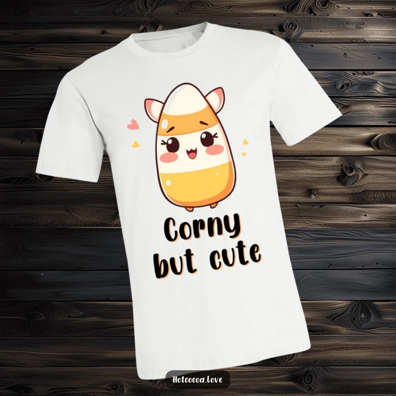 Funny blushing candy corn winking cheekily, printed on a hilarious t-shirt for Halloween humor.