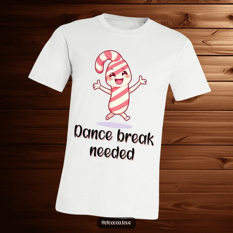 Funny t-shirt featuring a happy candy cane character in a celebratory dance pose, full of festive holiday spirit.