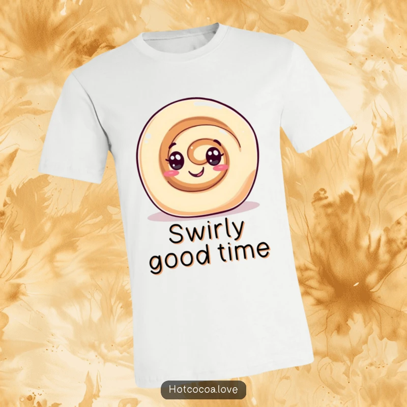 Funny t-shirt featuring a gleeful cinnamon roll character with swirl eyes rolling happily. Sweet and joyful design.