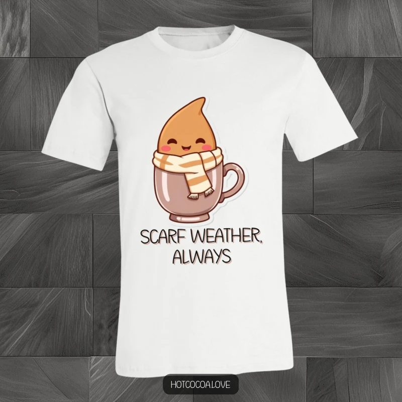 Funny t-shirt depicting a smiling cocoa bean character wearing a tiny scarf, peeking out playfully from a mug.
