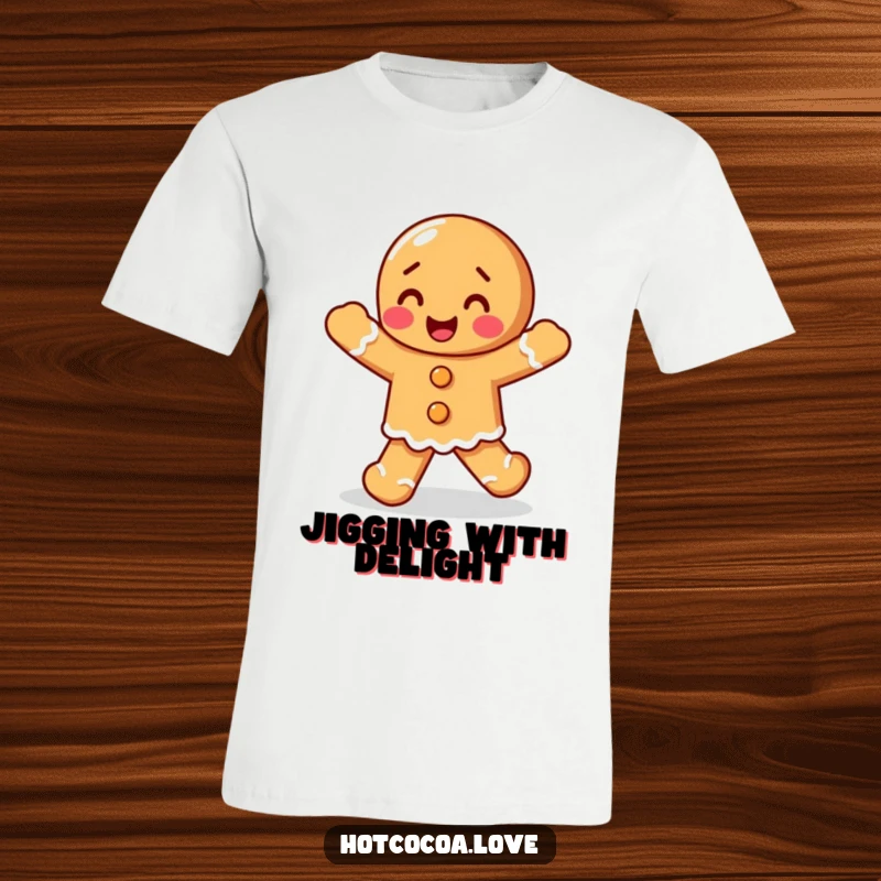 Funny delighted gingerbread person performing a happy jig, printed on a comfortable t-shirt, a humorous and festive piece.