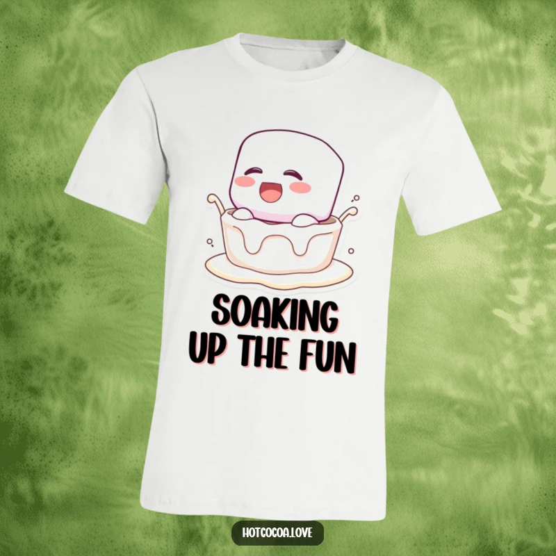 Funny T-shirt depicting a laughing marshmallow character being submerged in creamy liquid, symbolizing joyful indulgence.
