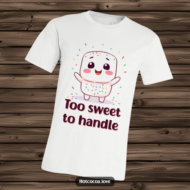 Funny marshmallow juggling t-shirt featuring a smiling marshmallow character playfully tossing colorful sprinkles, exuding sweetness and fun.