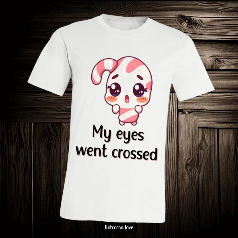 Funny t-shirt showcasing a surprised candy cane character doing a comical double take, expressing shock and humor, great gift.