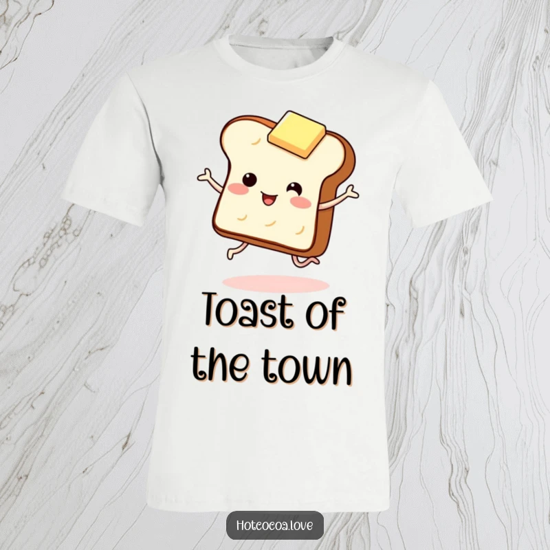 Funny t-shirt featuring a giggling piece of toast with legs dancing with a butter pat. Humorous breakfast-themed design.