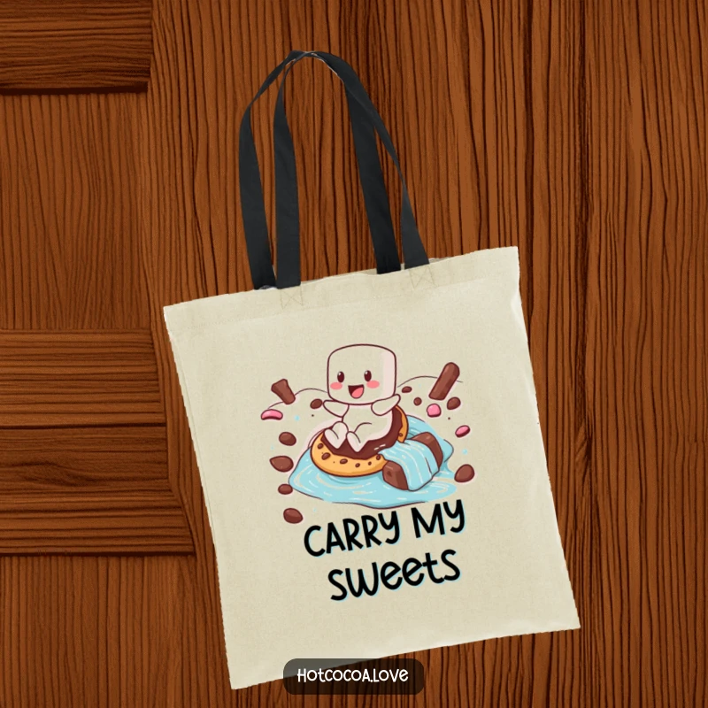 Funny tote bag featuring a happy marshmallow character sliding down a hot chocolate river on a cookie, perfect for carrying treats.