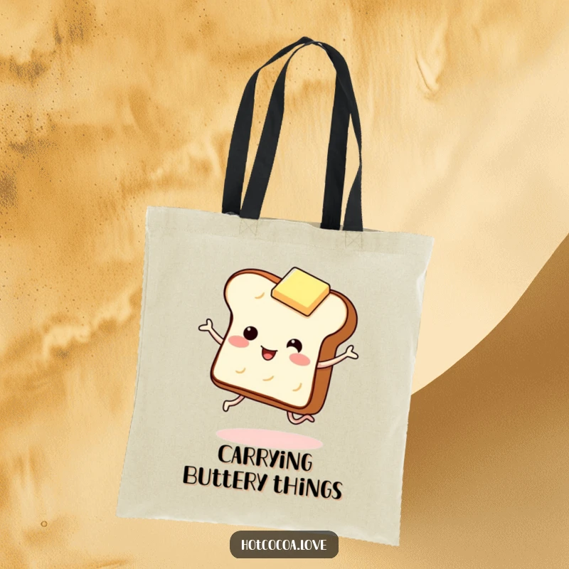 Funny tote bag featuring a giggling piece of toast with legs dancing with a butter pat. Humorous and practical.