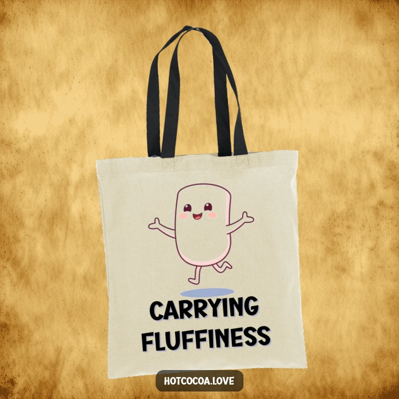 Funny tote bag featuring a smiling marshmallow character hopping excitedly with arms outstretched. Sweet and practical.