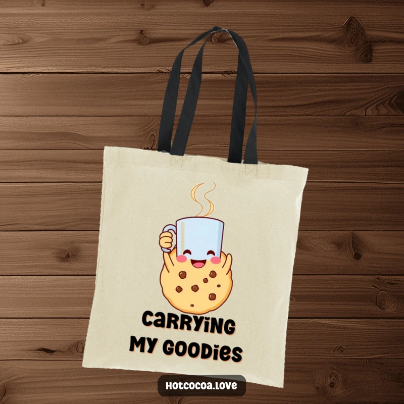 Funny tote bag featuring a smiling cookie character holding a steaming mug aloft, ready for errands with cheer.