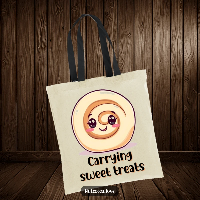 Funny tote bag featuring a gleeful cinnamon roll character with swirl eyes rolling happily. Sweet and practical.