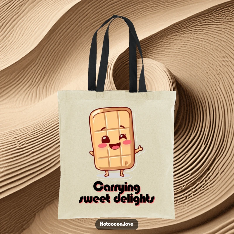 Funny chocolate bar character joyfully wiggling its wrapper, illustrated on a durable tote bag, ideal for shopping and sweetness.