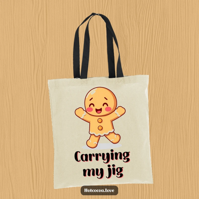 Funny delighted gingerbread person doing a happy jig, illustrated on a durable tote bag, ideal for shopping and festive fun.