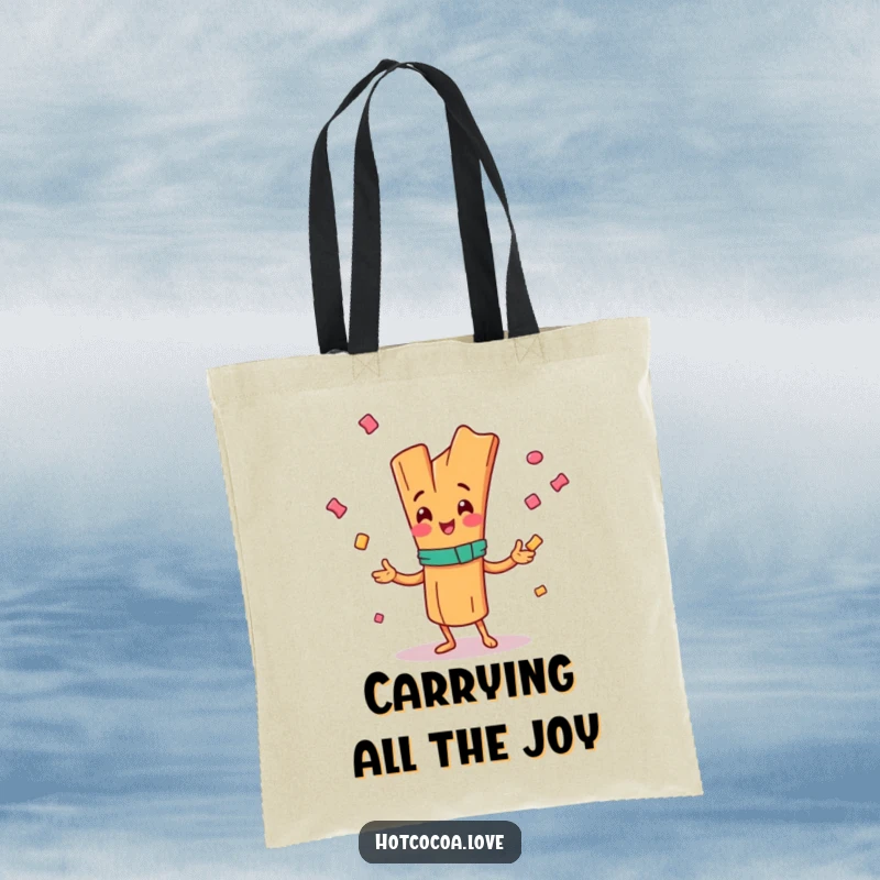 Funny tote bag with a happy cinnamon stick character juggling candy, practical and cheerful, great funny gift.
