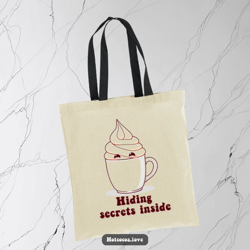 Funny tote bag with a mischievous whipped cream character hiding, cute and functional, great funny gift.